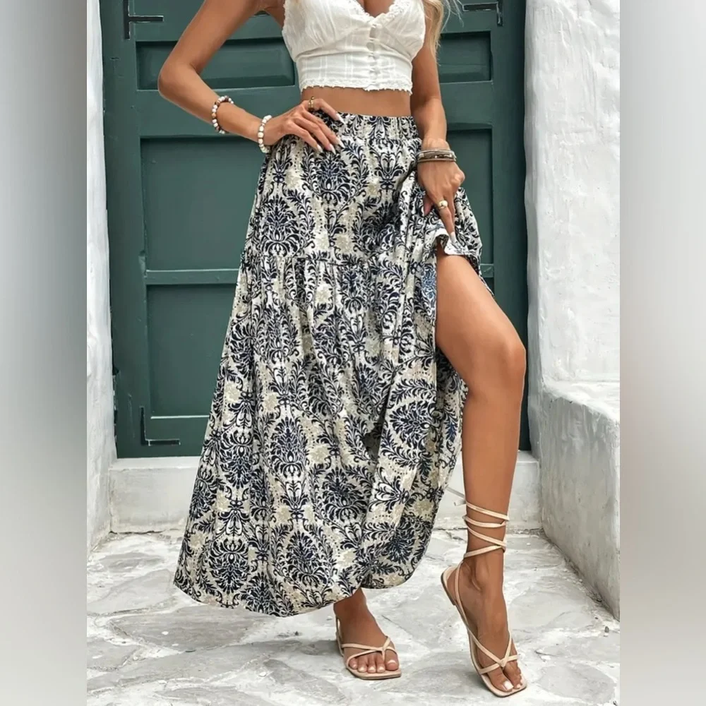 Floral Blue and Cream High Waisted Boho Maxi Skirt New Boutique - Picture 3 of 6